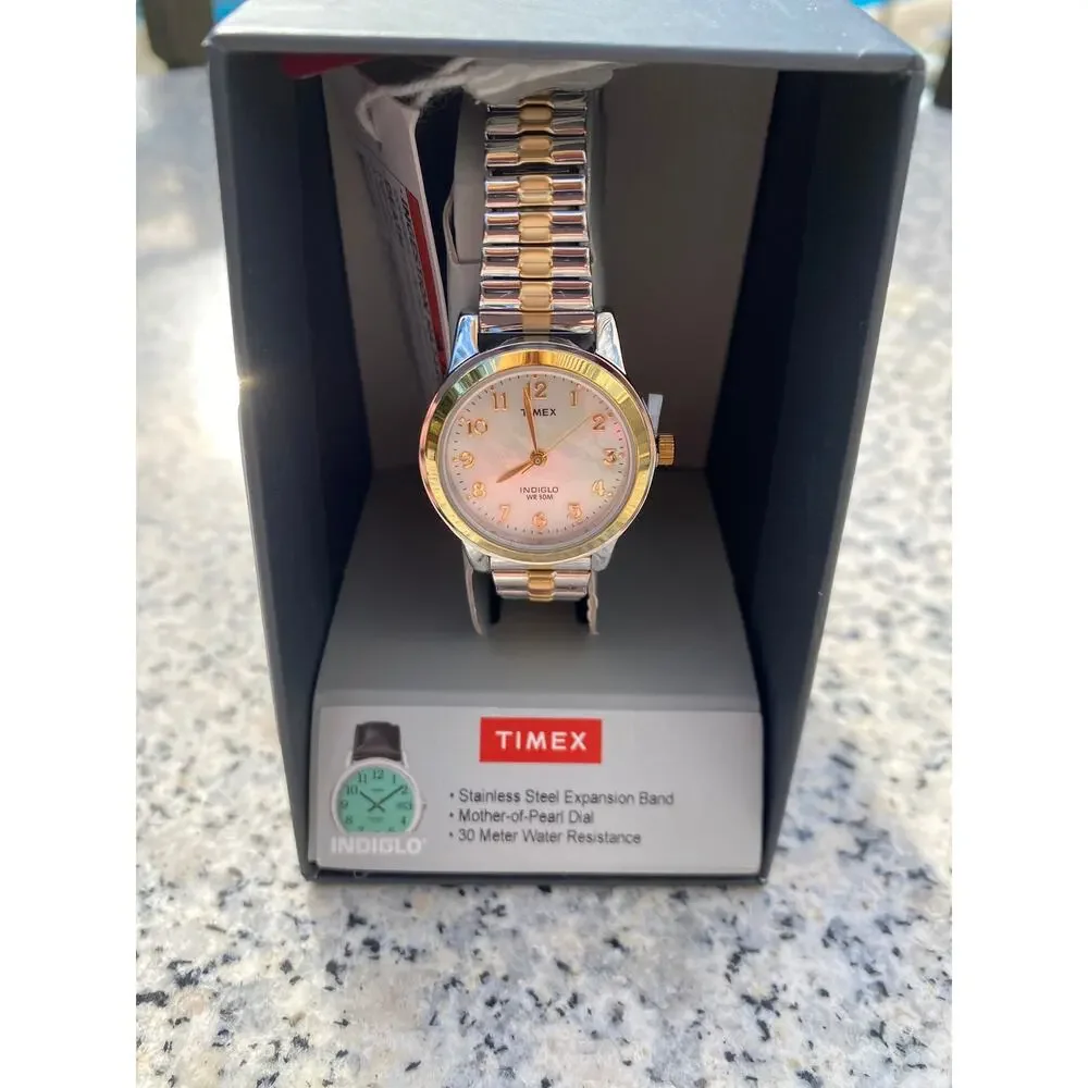 Timex Indiglo Women Watch Gold Tone Mother of Pearl Dial Stretch Band New